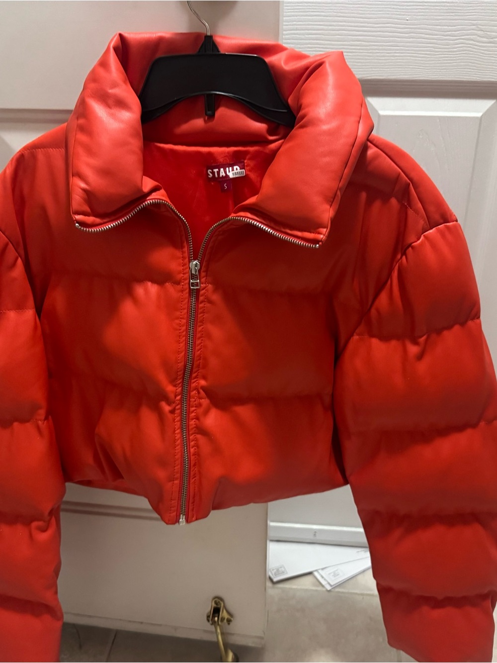 STAUD Bright Red Cropped Puffer Jacket